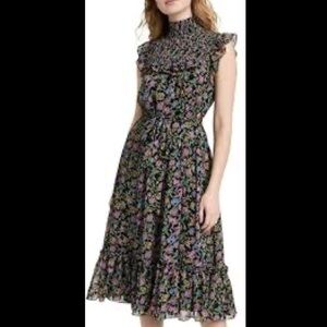 Likely Gio Floral Print Smocked Ruffle Chiffon Midi Dress sz 2 XS Revolve